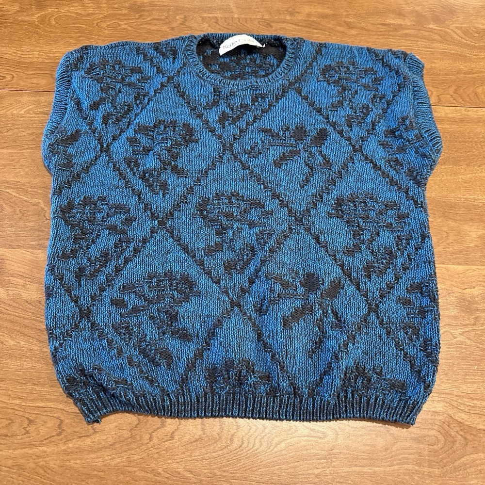 Vintage Kate Collins Sweater Vest Blue Black Size L Boxy Grandpa 80s USA Made